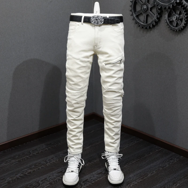 Street Fashion Men Jeans Beige White Elastic Stretch Slim Fit Biker Jeans Homme Zipper Pocket Patched Designer Hip Hop Pants Men