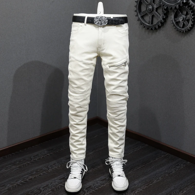 street fashion men jeans black stretch slim fit ripped jeans men patched designer biker jeans homme hip hop splice denim pants Street Fashion Men Jeans Beige White Elastic Stretch Slim Fit Biker Jeans Homme Zipper Pocket Patched Designer Hip Hop Pants Men