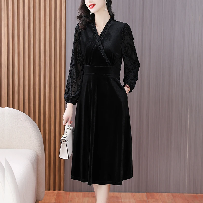 

2023 New Fashion Golden Velvet Dress Women's Autumn/Winter Vintage Velvet Dress Black Versatile Loose Fit Casual Vacation Vestid
