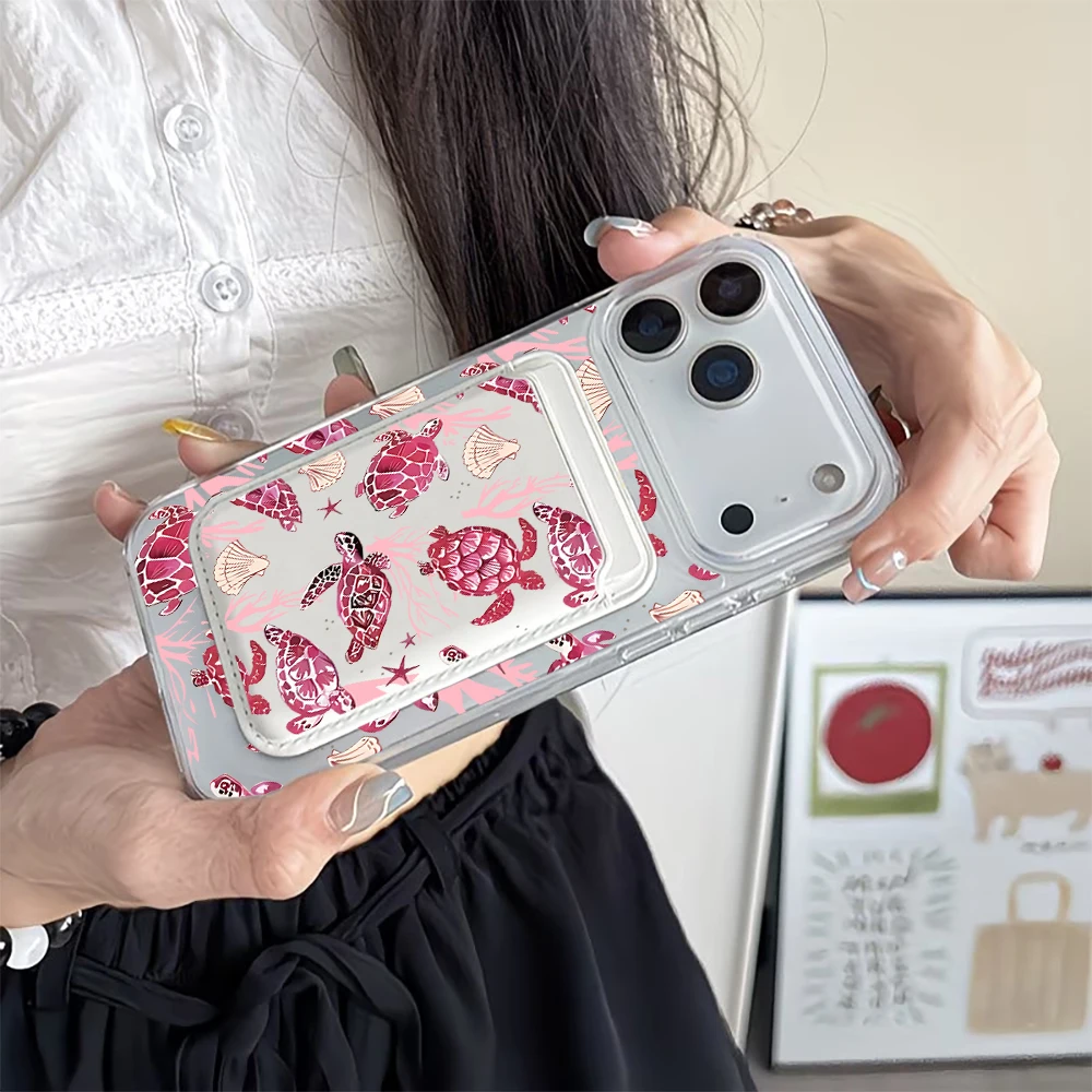 Sea Turtle Clear Phone Case with Card Holder and MagSafe Compatibility