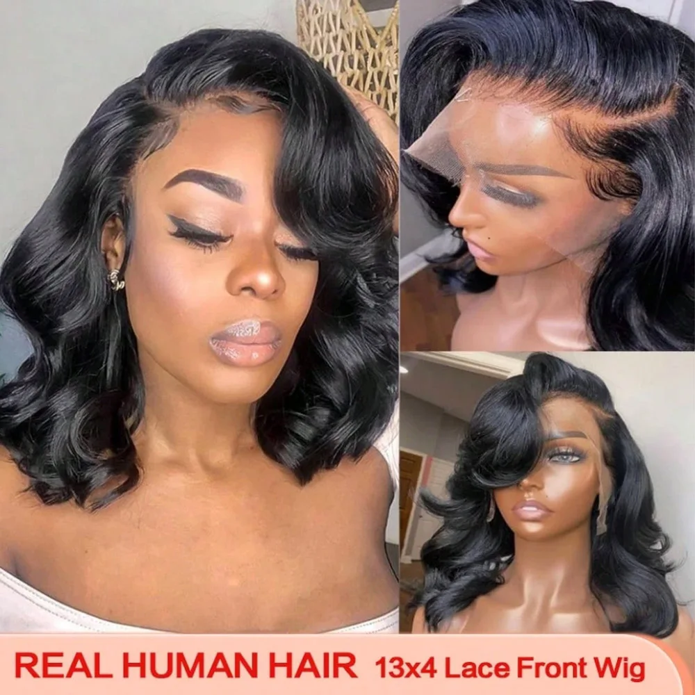 13x4 Lace Front Wigs Human Hair Pre Plucked Glueless Wigs Blended Human Hair 16 Inch Short Bob Wigs 200% Density 13x6