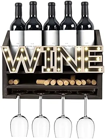 

Wooden Mounted Wine and Glass Holder \u2013Rustic Wine Bottle & Glass Holder & Wine Cork Storage Modern Home Decor 5 B