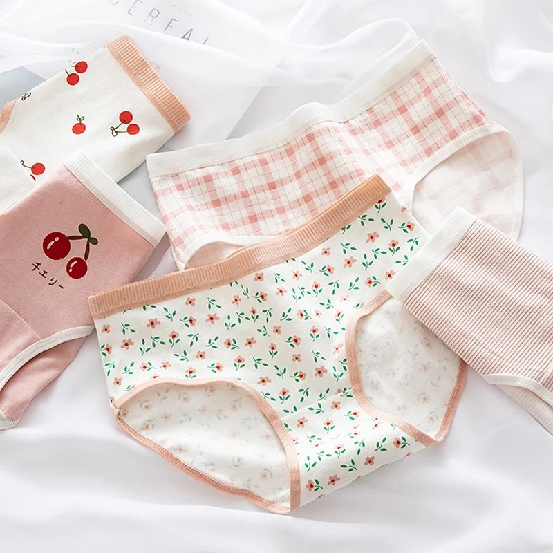 Cherry Floral Plaid Print Pink Panties Cotton Underwear Women Kawaii  Lingerie M L XL