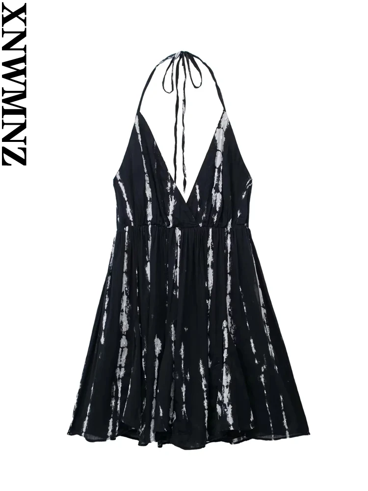 

XNWMNZ Women's Fashion 2023 Tie Dye Printed dress Women Vacation Style V-Neck Tie Backless Female Chic Mini Dresses