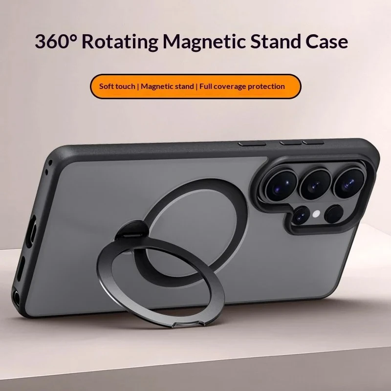 Magnetic Matte Phone Case with Metal Ring Stand Holder and Contrast Color Frosted Cover