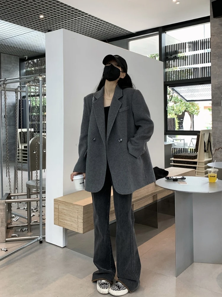 Gray Woolen Blazer Women's Thickened Warm Double-Breasted Lapel Mid-Length Fashion All-Match Autumn  Winter High-Grade Overcoat