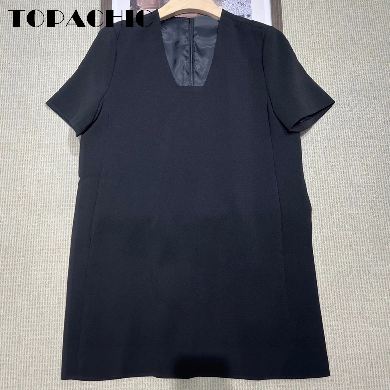 

1.20 TOPACHIC Women's Runway Temperament Short Sleeve Black Acetate A-Line Dress