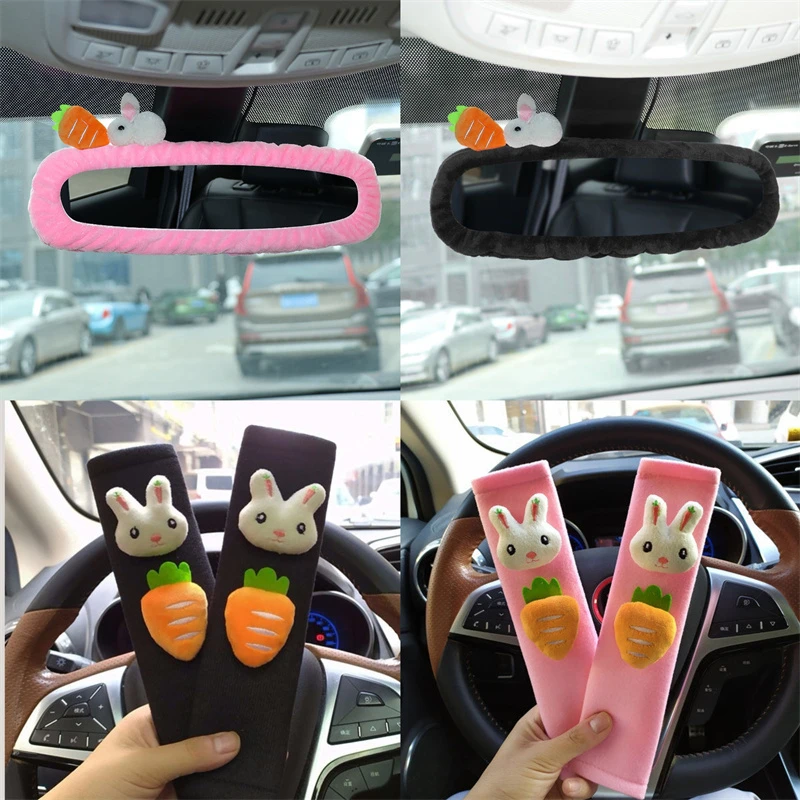Cute Rabbit Car Rearview Mirror Cover Cute Cartoon Korean Seat Safety Belt Cover Car Interior decoration accessories
