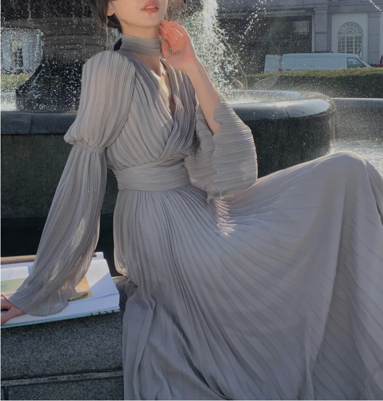 

XUAN PhD French Vintage Chiffon for Women 2023 Spring Elegant V-Neck Midi Dress Office Lady Long Sleeve Casual One Piece Korean