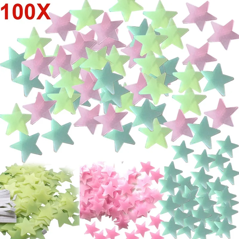 100pcs 3D Glowing Stars Wall Sticker Removable Wall Decals Glow Color