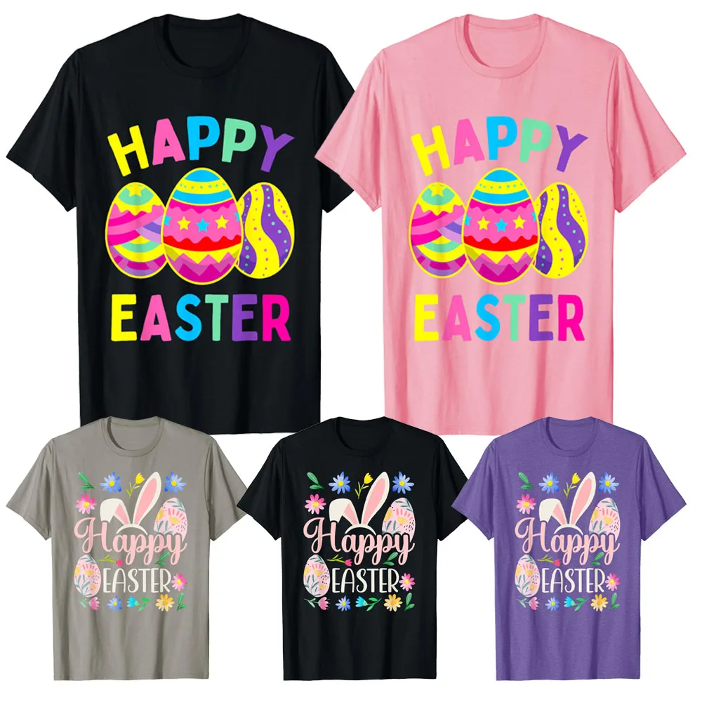 

Men's Easter Letter pattern T-shirt Funny Colorful Digital Printed Short sleeved T-shirt Women and Kids Casual Easter Egg Top