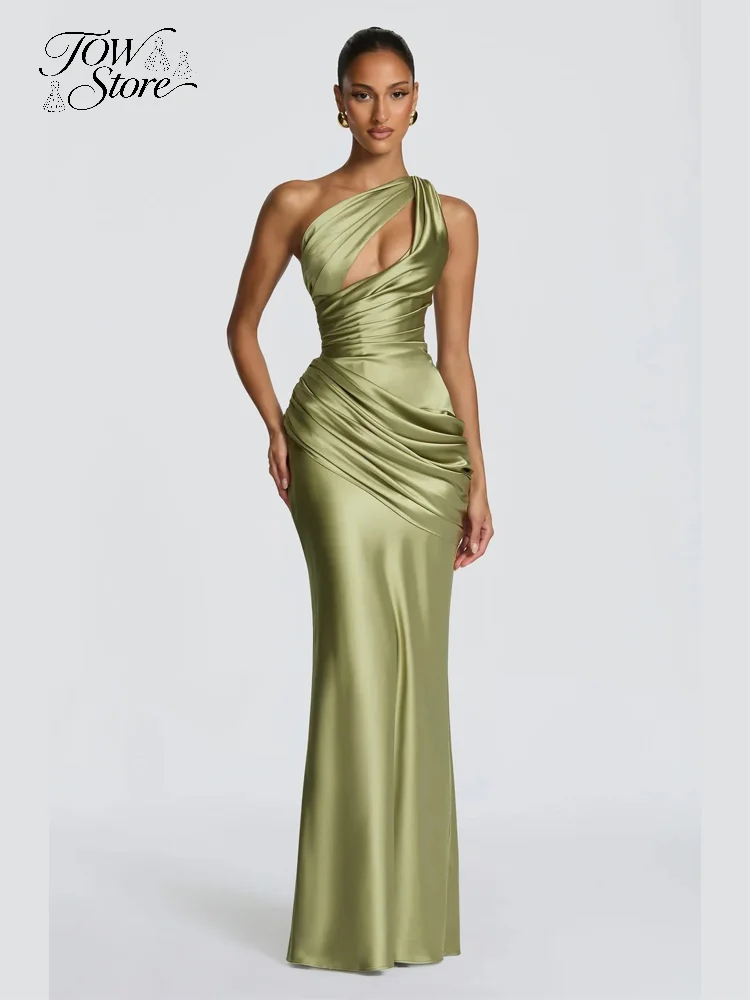 Robe longue sirène élégante en satin vert froncé pour femme, coupe ajustée asymétrique à une épaule, fluide, collection été 2026, pour soirées