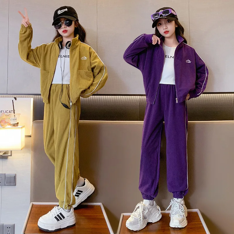 

2023 Korean Spring Autumn Girl Children's Top And Bottom Set Teenager Girl Tracksuit High Collar Coat Sweatpants Kids 2pcs Suit