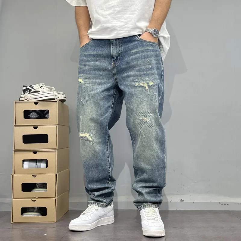 Spring American Casual Retro Patchwork Men's Straight Loose Fit Jeans Versatile Cone Shaped Poor Boy Pants