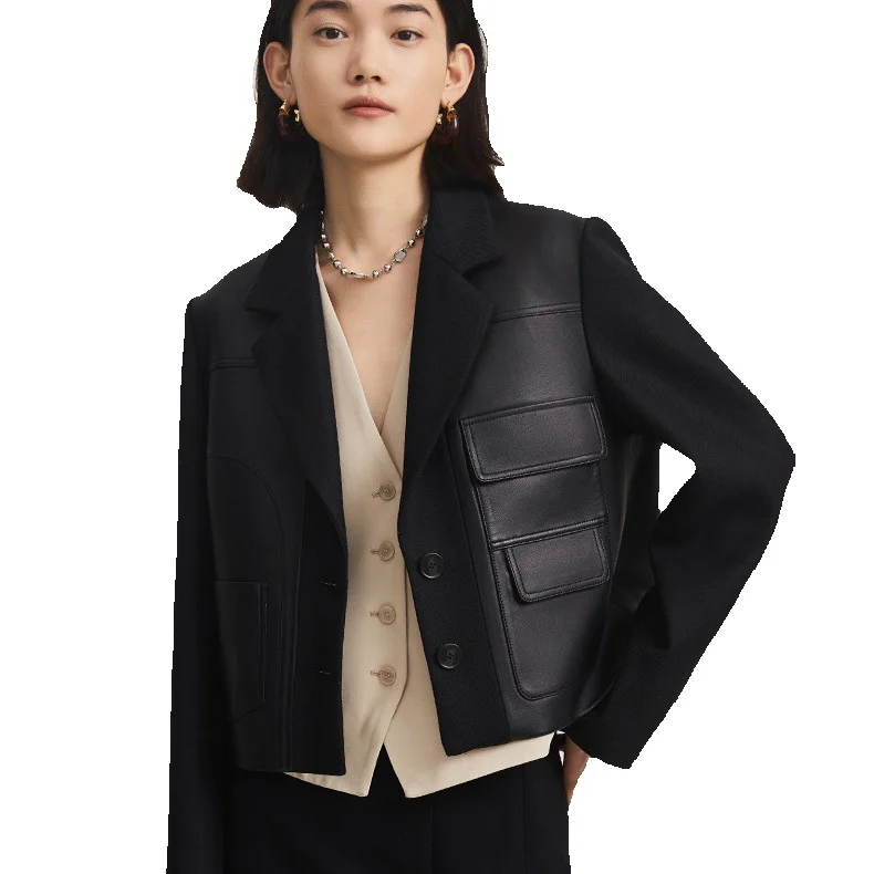 

Черная куртка из натуральной кожи для женщин, короткая стильная новая верхняя куртка из овечьей кожи, костюмная куртка