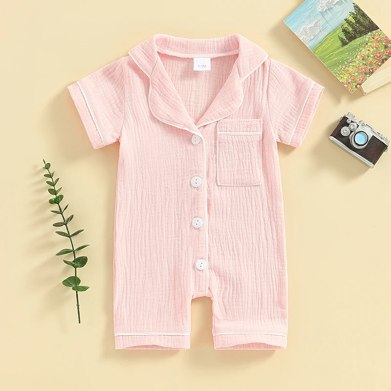 0-24M Baby Pajamas Jumpsuits Boys Girls Short Sleeve Lapel Button Down Romper Summer Newborn Infant Sleepwear
