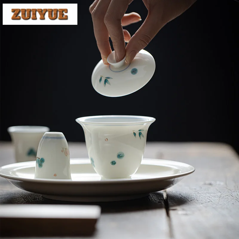 100ml Hand-painted High Footed Gaiwan Handmade Thin Bodied Jade Clay Ceramic Tea Tureen Tea Making Cover Bowl For Supplies