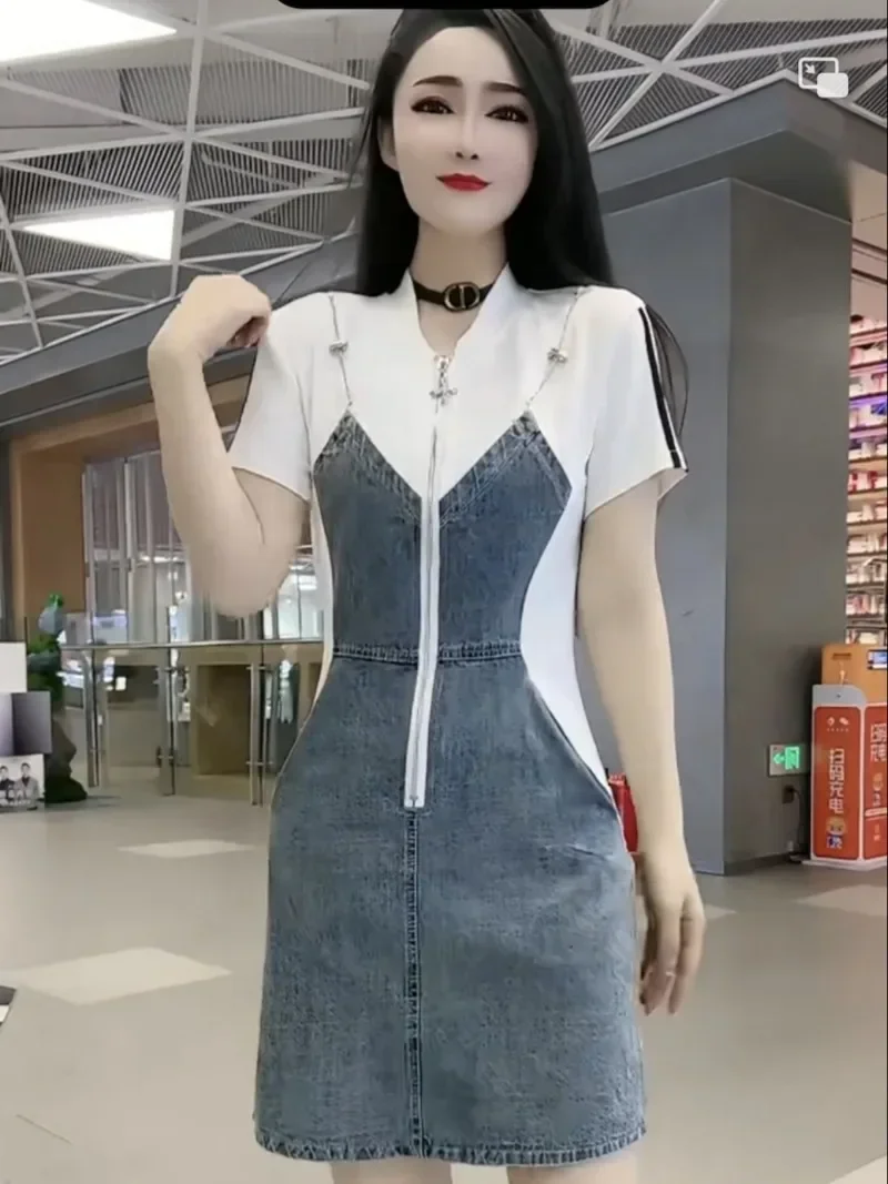 Women Two Piece Denim Patchwork Dress Short Sleeve - Image 5