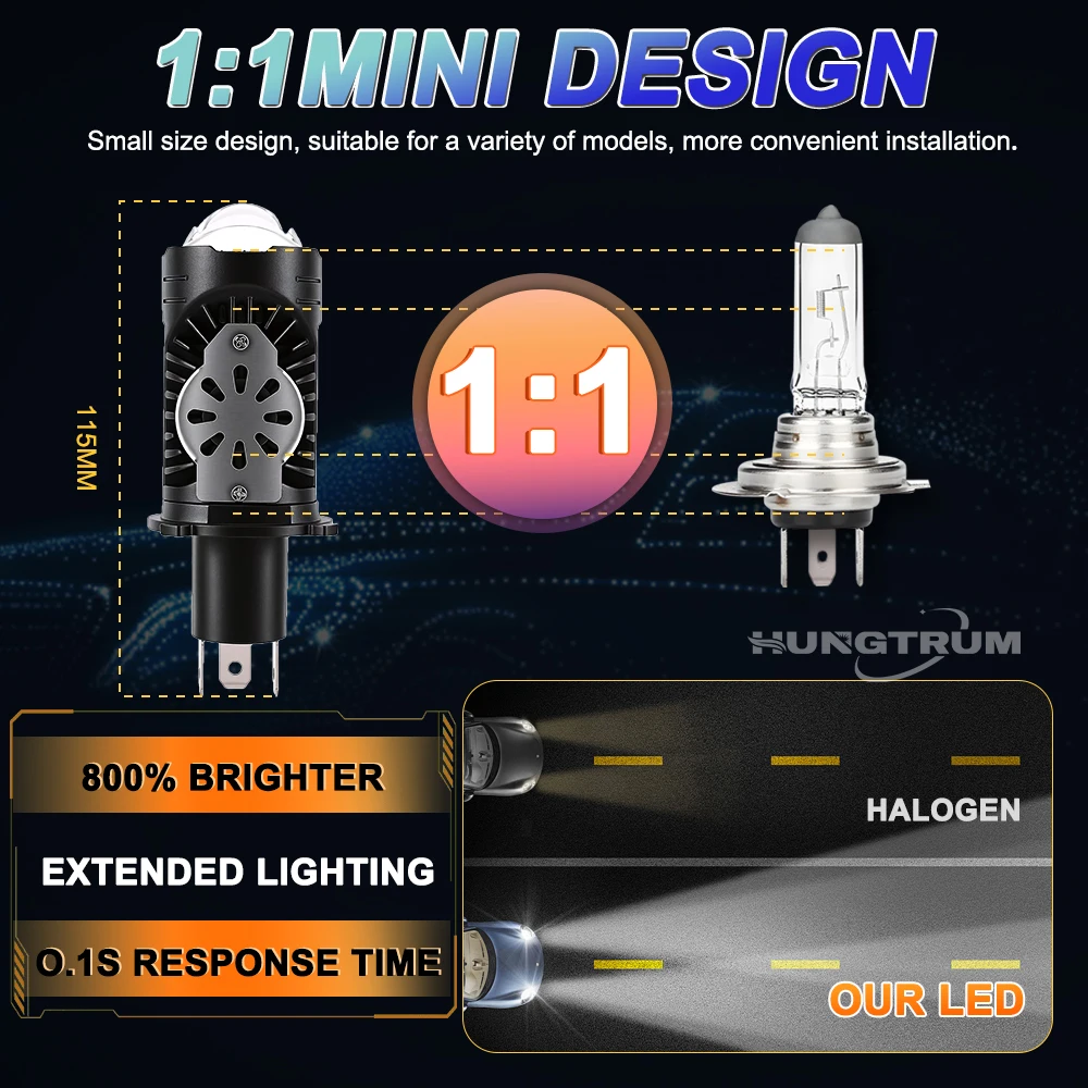 Ultra-Bright H4 LED Projector Lens Headlight - Wireless with Fan, Turbo Lights, Plug and Play, 6000K