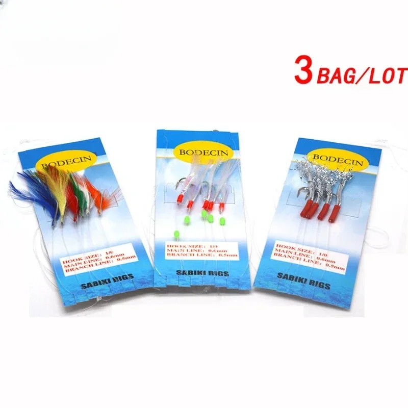 

Sea Sabiki Rigs Jigging Fishing Hook Bait, Flash Rig, Sabiki Fish Skin,Feather Head,Tinsel Tube Lure for Herring, 3 Bags per Lot