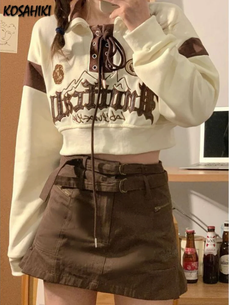 

2023 Autumn Letter Embroidery Cropped Hoodies Women Harajuku Loose Pullover Contrast Color Sweatshirt Y2K Fashion Vintage Hoodie