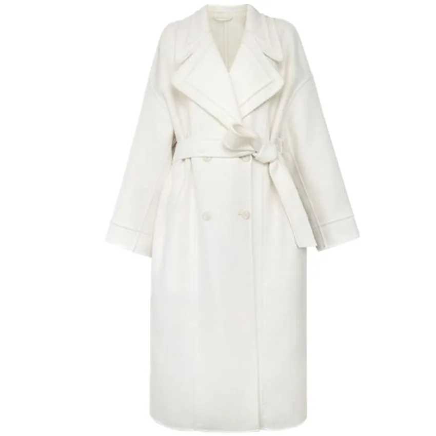 

X-long Winter White Wool Blends Overcoat Women Fashion Belted Straight Woolen Outwear