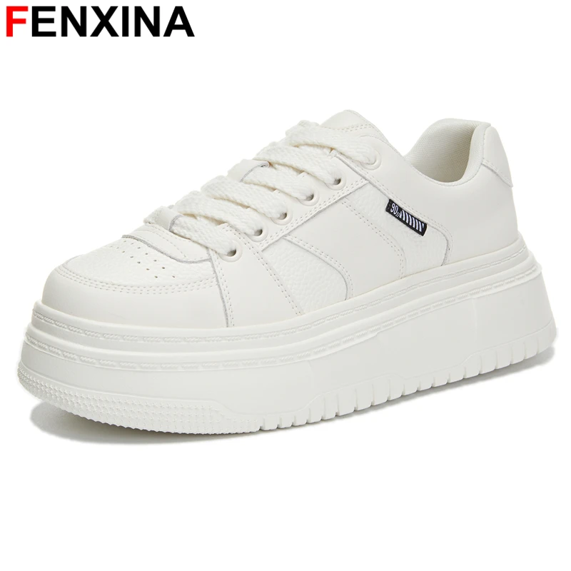 

FENXINA 2024 New Genuine Leather Shoes Women Sneakers Lace Up Platform Shoes Round Toe Ladies Platform Shoes Casual Footwear