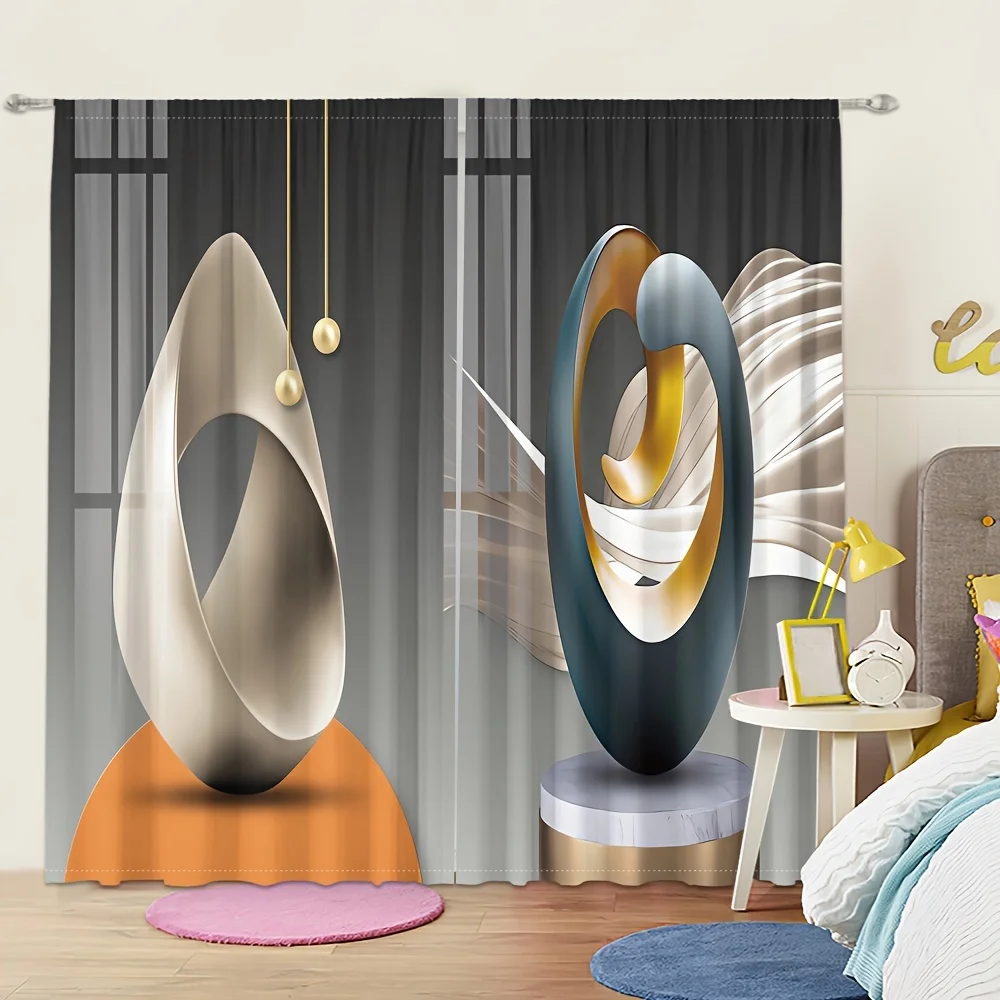 

Геометрические абстрактные художественные занавески с 3D рисунком, 2 шт., занавески с карманом на стержне и цифровым принтом для гостиной, кухни