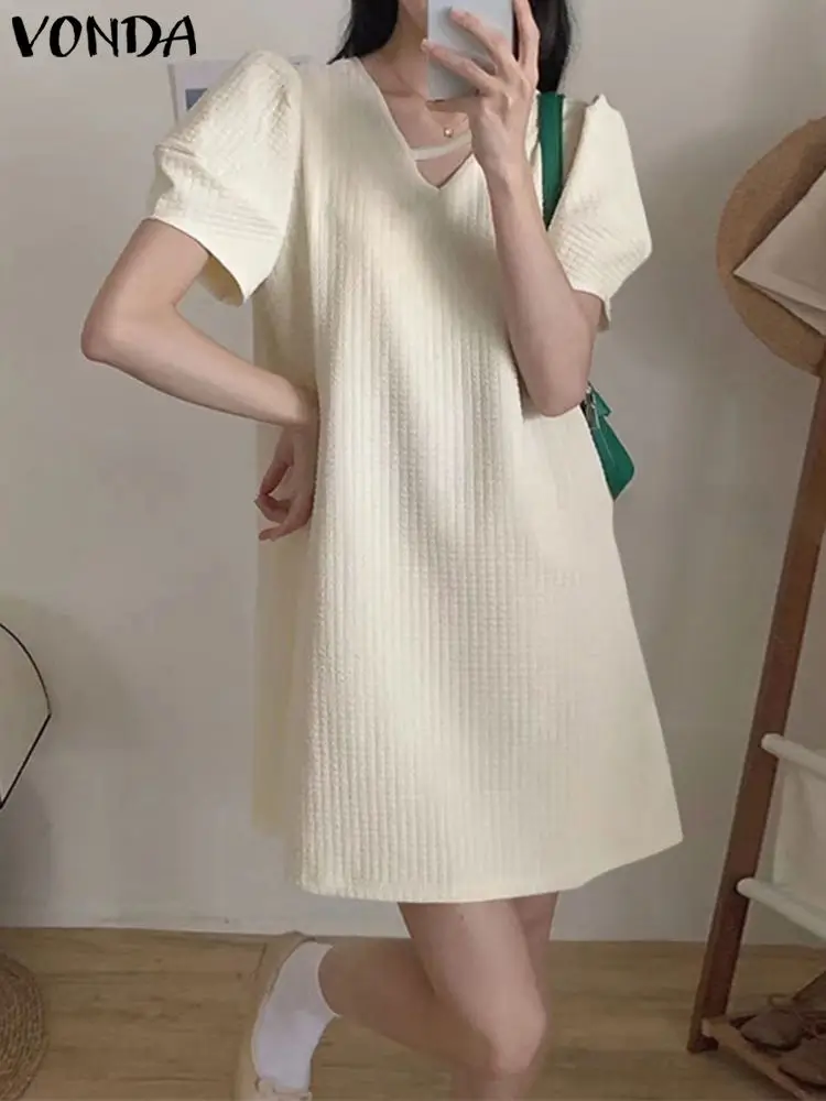 

2024 VONDA элегантное короткое женское платье, летний Однотонный сарафан, Повседневное платье с короткими рукавами-фонариками, женское платье большого размера