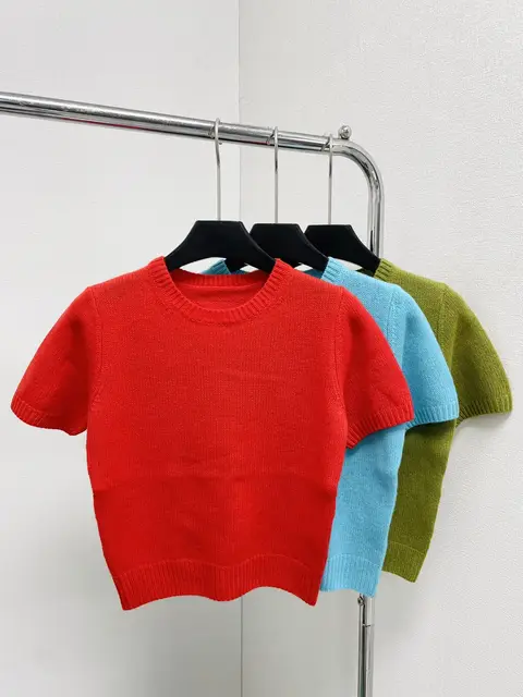 2000s Sweaters Y2k Clothing Women S Solid Color Round Neck Pullover Short Sleeved Top Streetwear Threaded.jpg