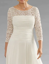 Elegant A-Line Chiffon Mother of the Bride Dress 2022 Jewel Neck Ankle Length Lace 3/4 Length Sleeve with Sequin Ruching Women