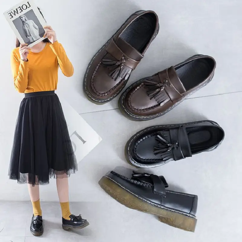 Women Tassel Loafer Brown Black Rubber Sole Flats College Style Shoes HY1