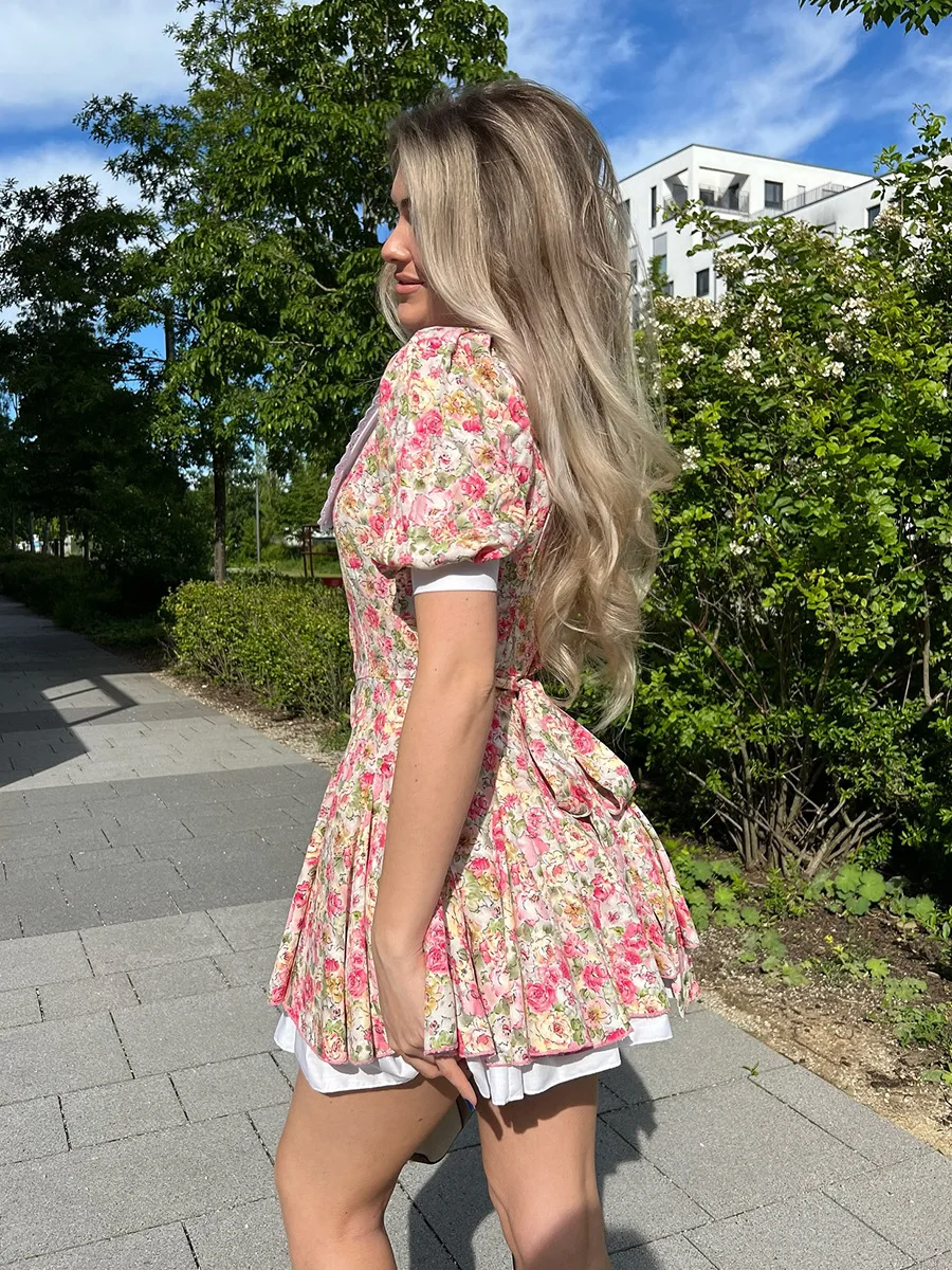 Bornladies Doll Collar Printed Short Sleeved Dress 2025 Summer New  Bubble Sleeve Single Breasted Mini Dress For Women