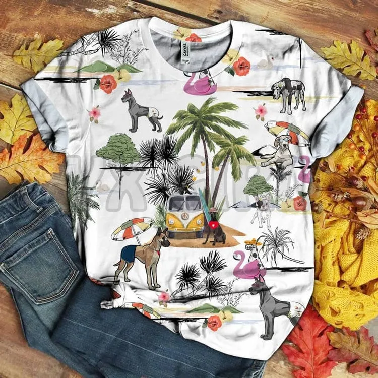 

Great Dane - Hawaii Beach Retro 3D All Over Printed T Shirts Funny Dog Tee Tops shirts Unisex Tshirt
