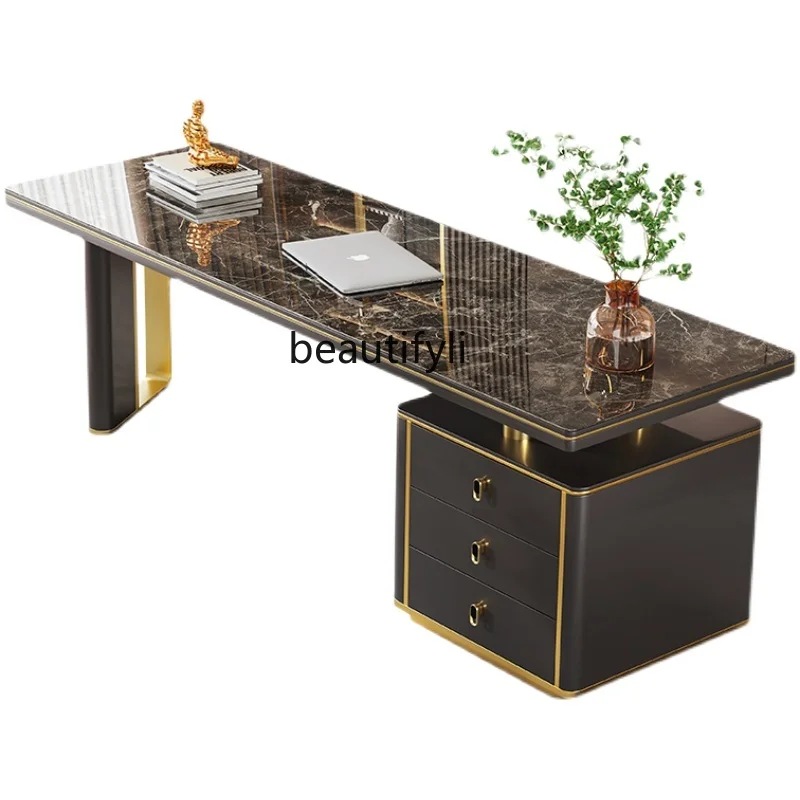 Light Luxury Stone Plate Desk Home Study Computer Desk Modern Simple Stainless Steel Desk