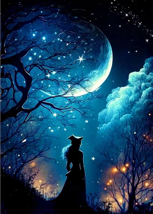 Fantasia Starry Sky Halloween Bruxa Posters, Moon Print, Bruxaria Magia  Pintura Canvas, Wall Art Picture, Living Room Decor - AliExpress