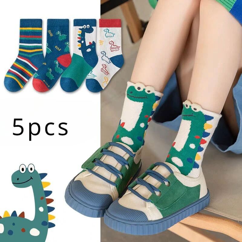 5 Double Spring and Fall Kids Cartoon Dinosaur Fashion All-in-One Baby Boy Sports Comfortable Breathable Mid-tube Socks childrens socks kids socks sports socks