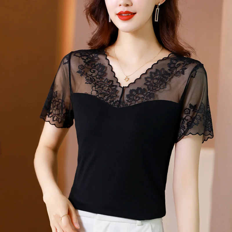 #1419 Black Mesh T Shirt Women Spliced Lace V-neck Perspective T-shirt Sexy Thin Slim Office Lady Summer Women T Shirt Skinny