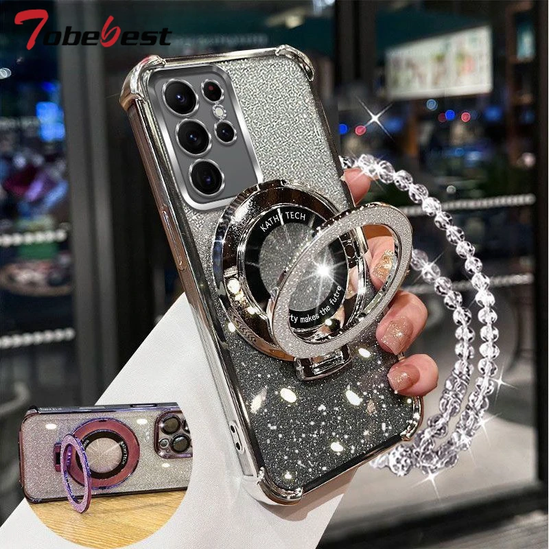 Shockproof Glitter Crystal Bracelet Phone Holder Case with Plated Design