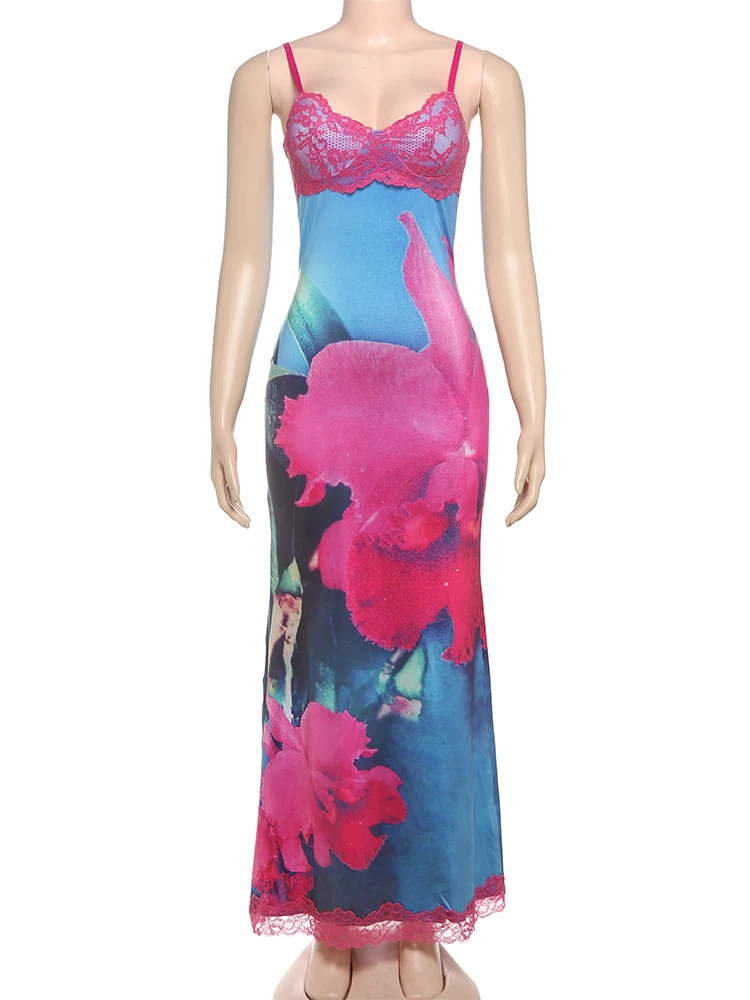 Nibber Summer Maxi Dress Women Lace Chest Wrap Colorful Flowers New Trend Sleeveless Skinny Fit Vacation Party Slim Vestidos