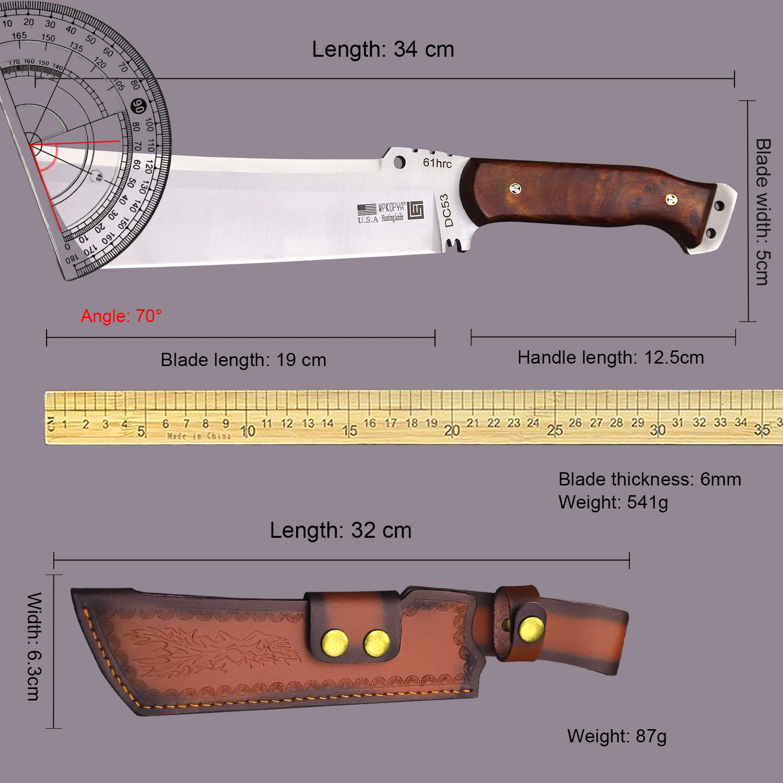 WPKOPYA(USA) Upgraded and thickened DC53 multi-functional Full Tang Chai knife + leather sheath, outdoor camping tool knife 6