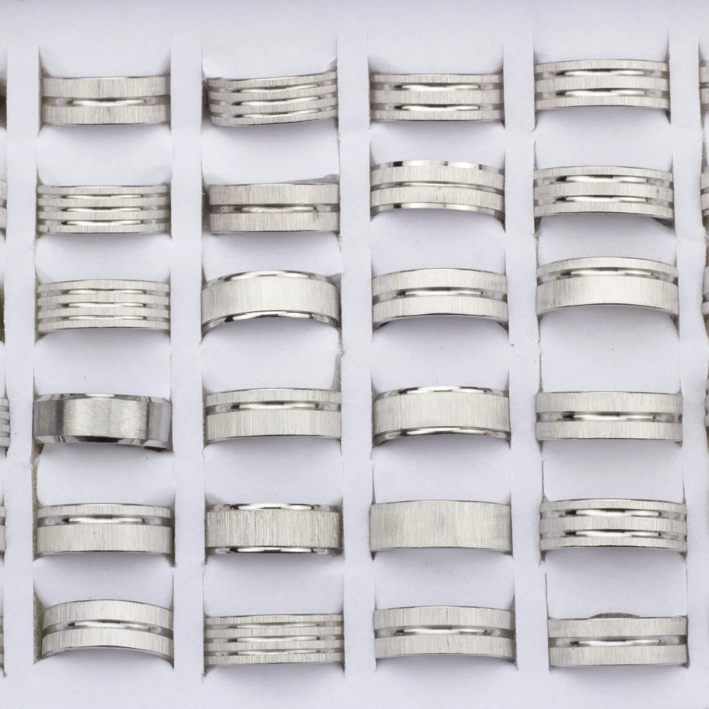 36Pcs/lot Men's Finger Ring Drawing Stripe Stainless Steel Jewelry Rings Wholesale Mixed Styles Mixed Size Gift