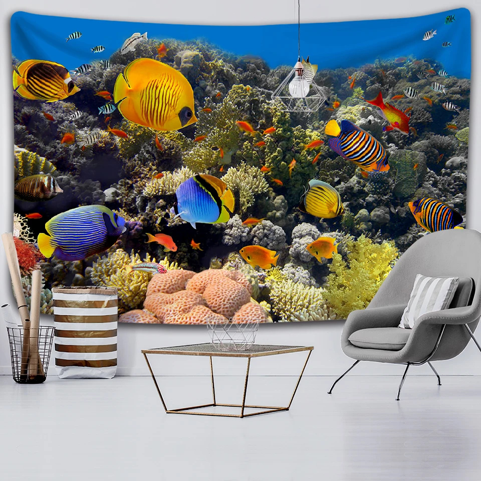 Ocean World Tapestry Blue Ocean Tropical Fish Coral Animals Art