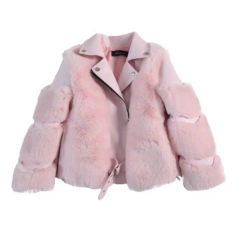 

2335 Autumn Winter Boys and Girls Imitation Fox Fur Coat Warm Furry Clothing Tide Motorcycle Clothing Thickened