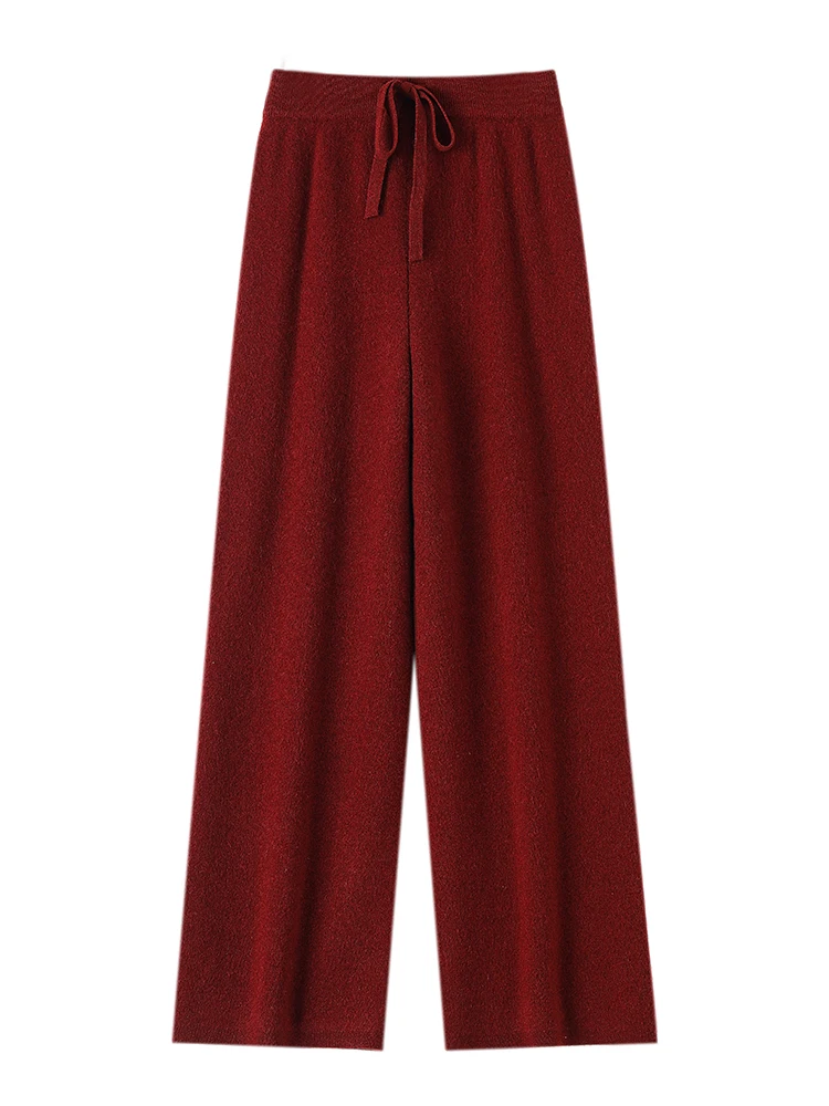 Pantaloni da donna Pantaloni di lana merino al 100% Autunno Inverno Maglione Pantaloni a gamba larga Legatura Elastico Casual Basic Morbido Caldo Pantaloni in maglia 1