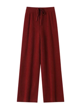 Pantaloni da donna Pantaloni di lana merino al 100% Autunno Inverno Maglione Pantaloni a gamba larga Legatura Elastico Casual Basic Morbido Caldo Pantaloni in maglia 1