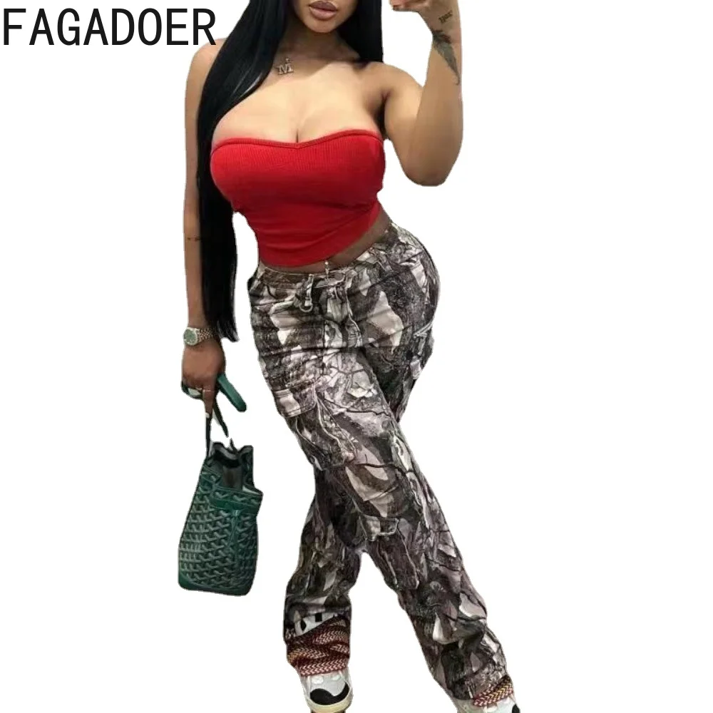 FAGADOER Fashion Printing Pocket Cargo Pants Women High Waisted Button Skinny Trousers Casual Female Matching Stacked Bottoms