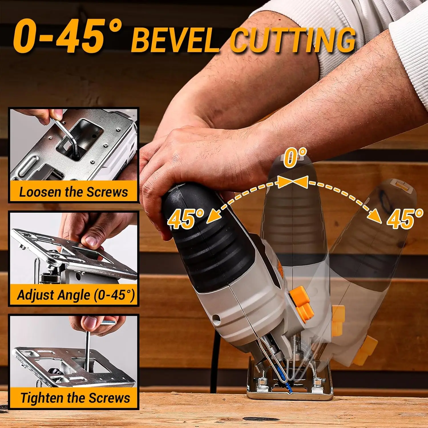 Electric Jigsaw Tool for Woodworking with Variable Speed, Orbital Settings, and Bevel Cutting