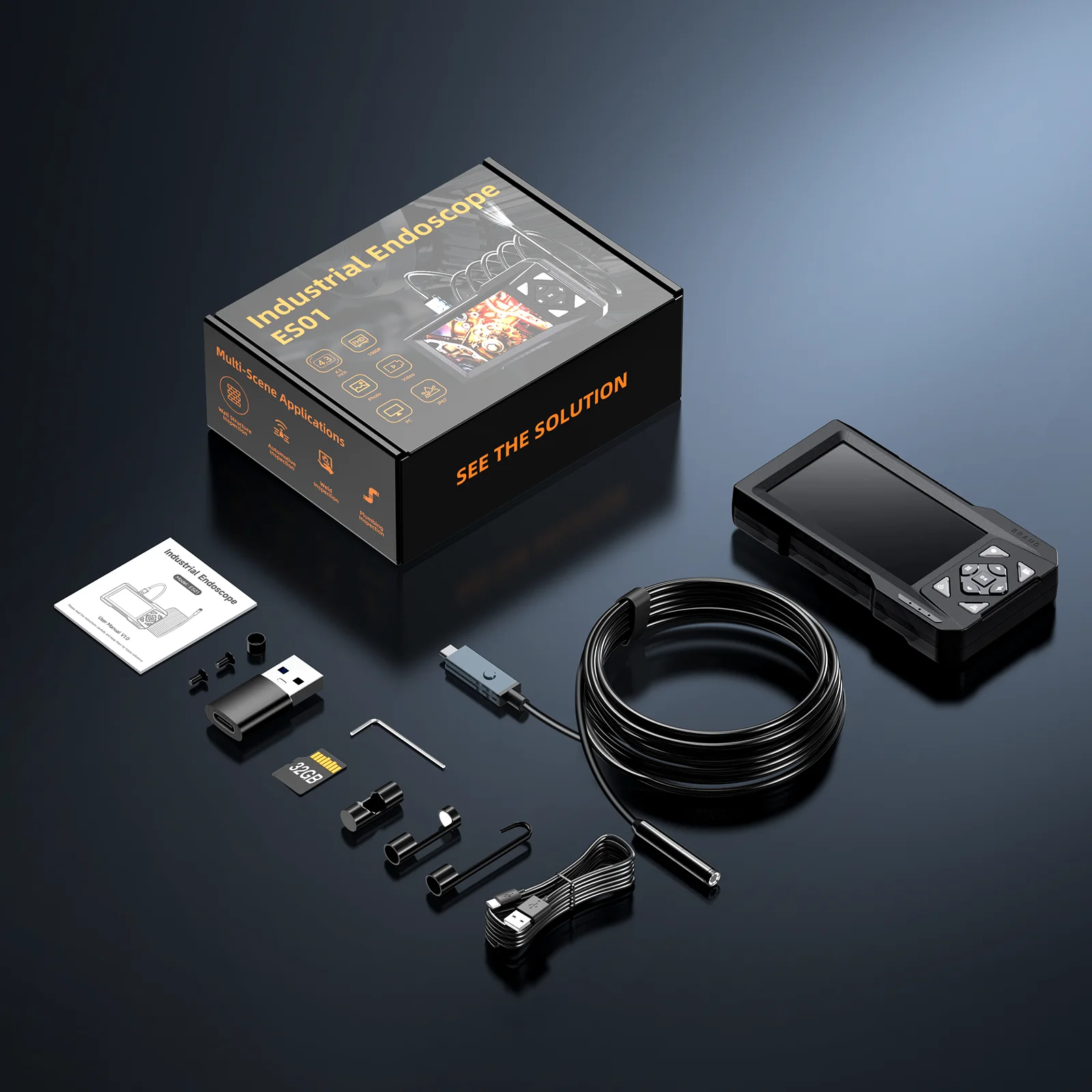 4.3'' Endoscope Camera with Light Inspection Borescope Camera 1080P HD with 8 LE