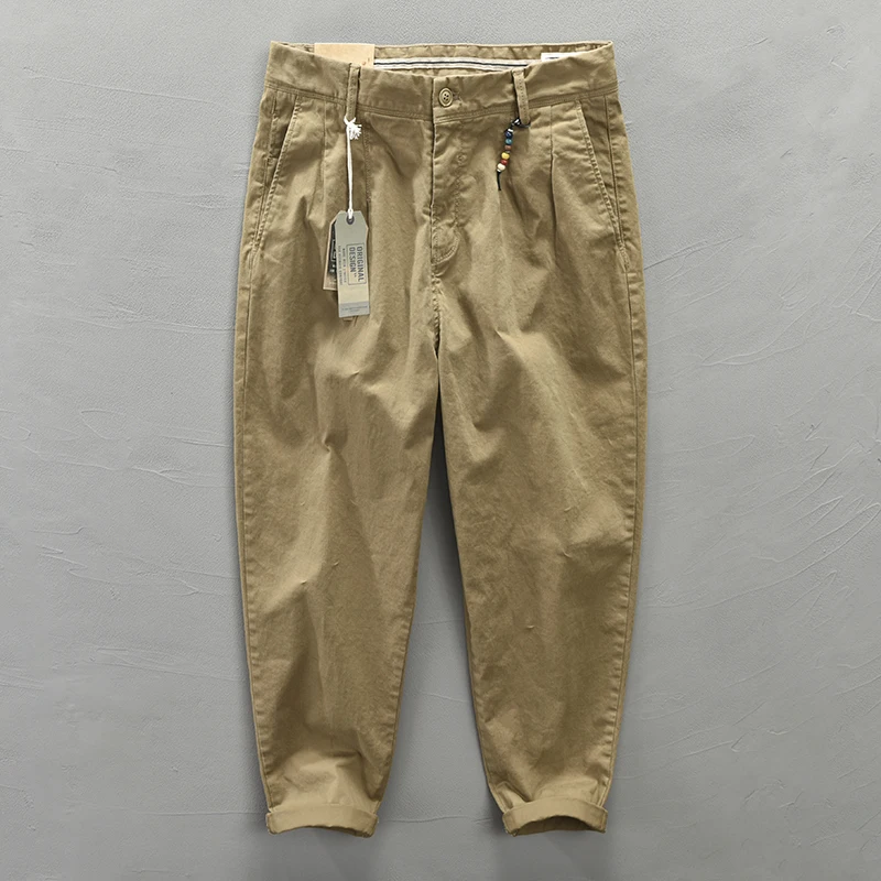 HIQOR Brand Spring Autumn Men Cotton Vintage Solid Color Cargo Pants Fashion Beading Design Streetwear Pant